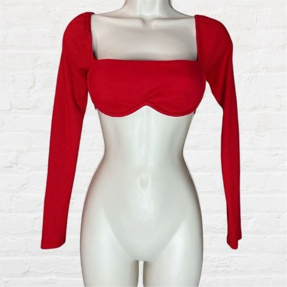 Princess Polly Bustier Crop Top Red Ribbed Long Sleeve Square Neck Size 4 Y2K Sm - Picture 4 of 8